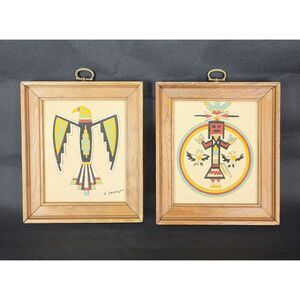 VTG 70s "Thunderbird" & "Circle of Strength" Zuni Aztec Southwestern Sand Art